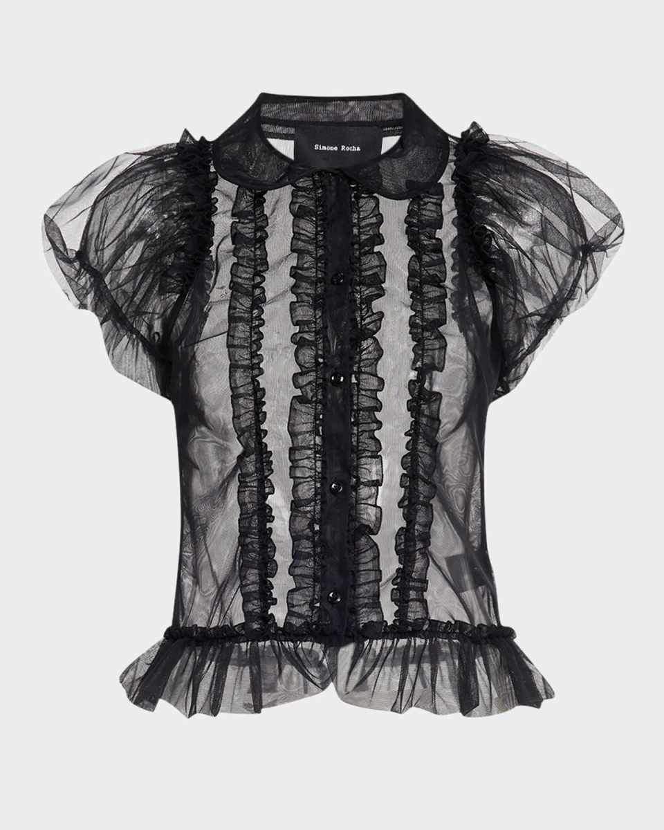 Sheer Puff-Sleeve Ruffle Shirt